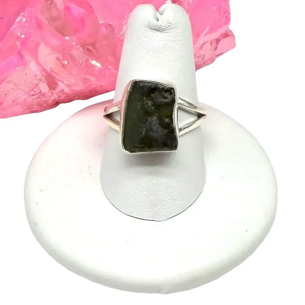 Moldavite Ring Size 8 Solid 925 Sterling Silver Natural Stone Crystal Raw Rough